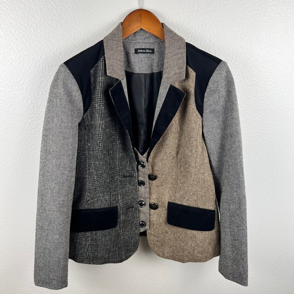 Athena Marie Patchwork Mixed Pattern Blazer Small Jacket Grey Tan Plaid Academia